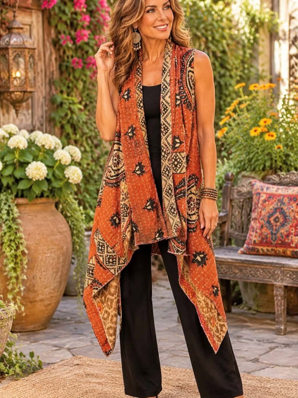 Women Handmade Earth Tones Floral Kantha Vest & Reversible Scarf One Size